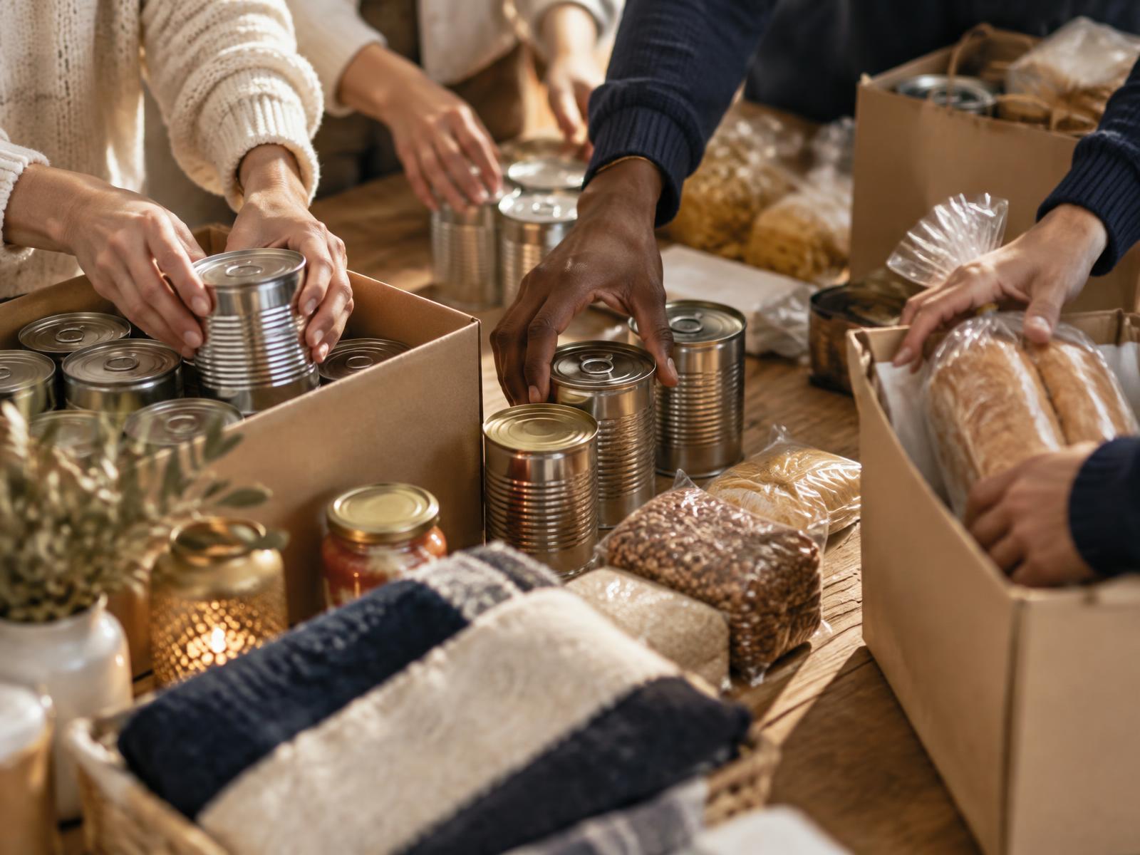 Volunteers' hands arranging canned food and care packages on a table
